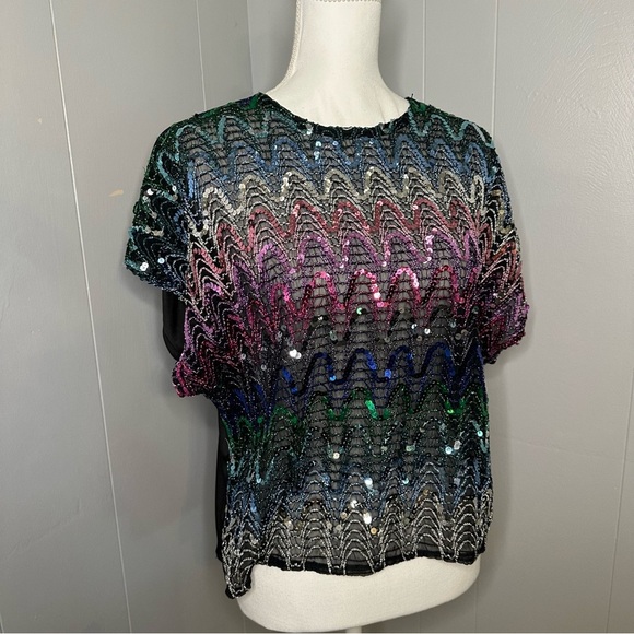 Vintage Pearlette Plus Rainbow Sequin Blouse Top | Size 38 (Approx. M) - Picture 2 of 9